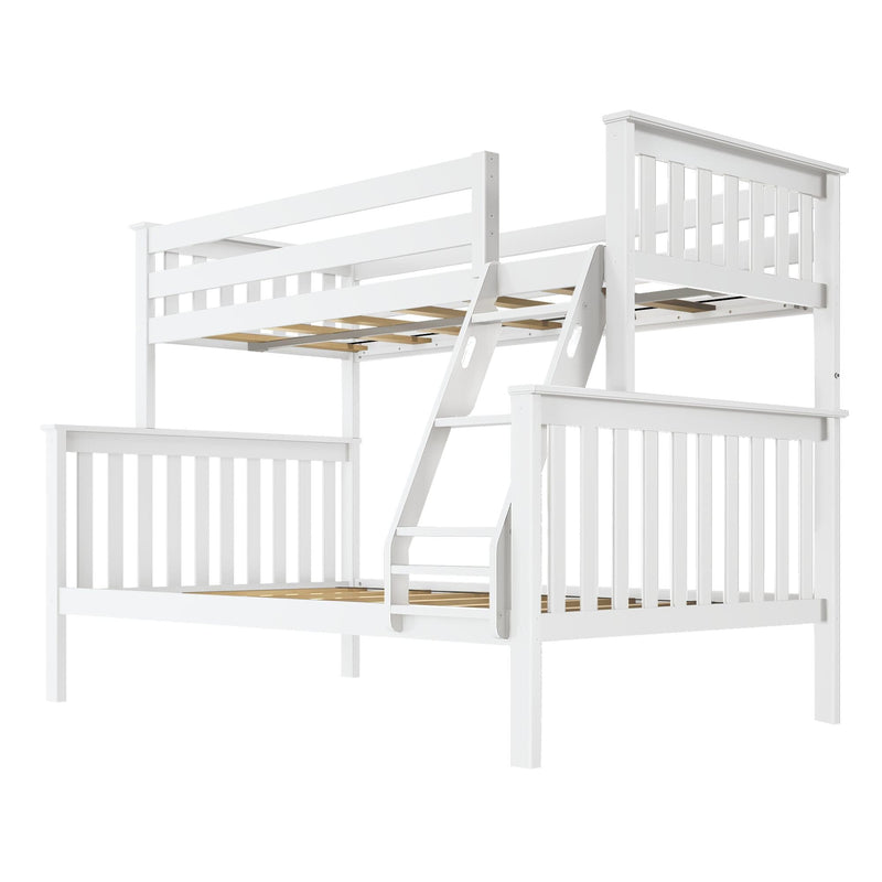 White wooden loft bunk bed with built-in staircase, slatted guardrails and wooden slat mattress supports for kids