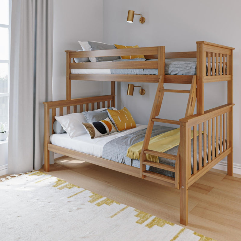 Modern natural wood bunk bed with ladder in a bright kids' bedroom, gray knit bedding, yellow accent pillows, brass wall sconces and sheer curtains