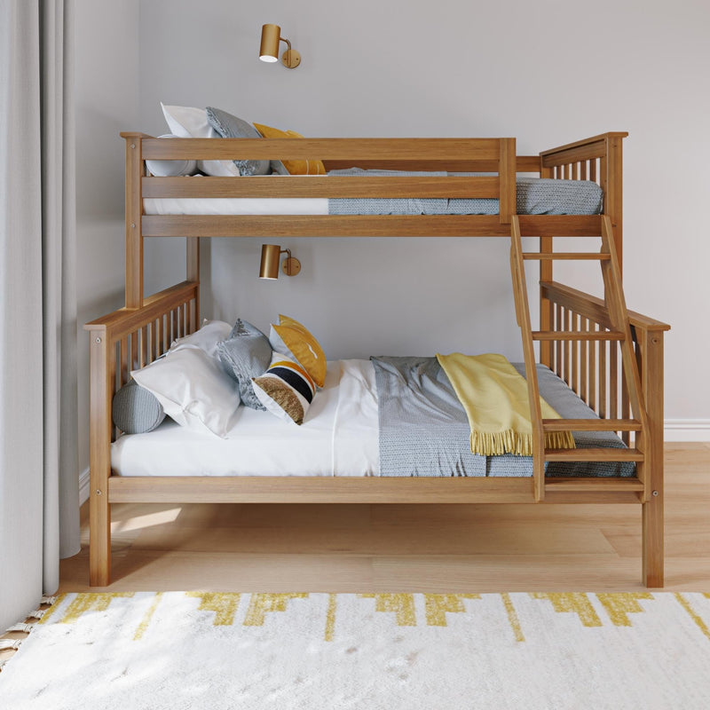 Modern wooden bunk bed with ladder in bright kids' bedroom, gray knit bedding, yellow accent pillows and wall sconces