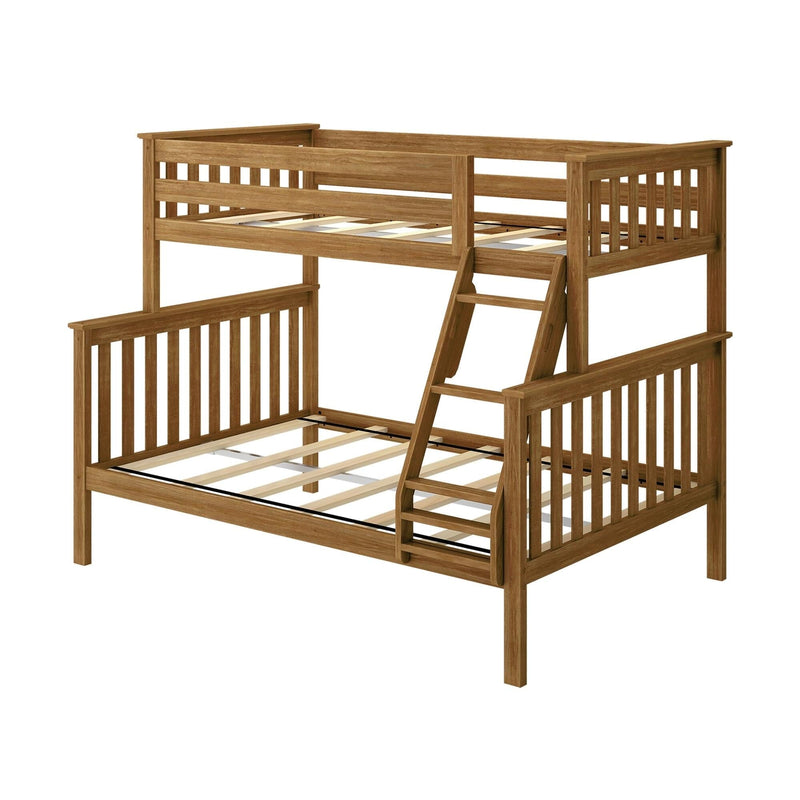 Solid wood twin-over-full bunk bed with ladder, slatted headboards and guardrails in a natural oak finish, modern loft-style design