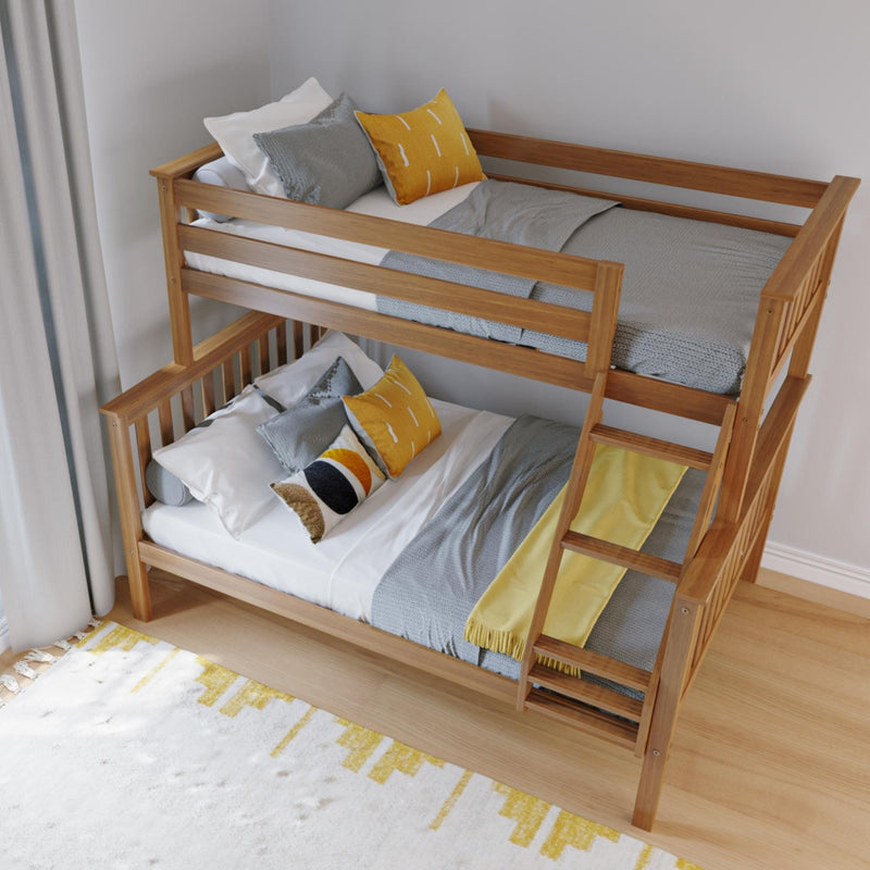 Modern wooden bunk bed with gray and yellow bedding and ladder in styled children's bedroom.