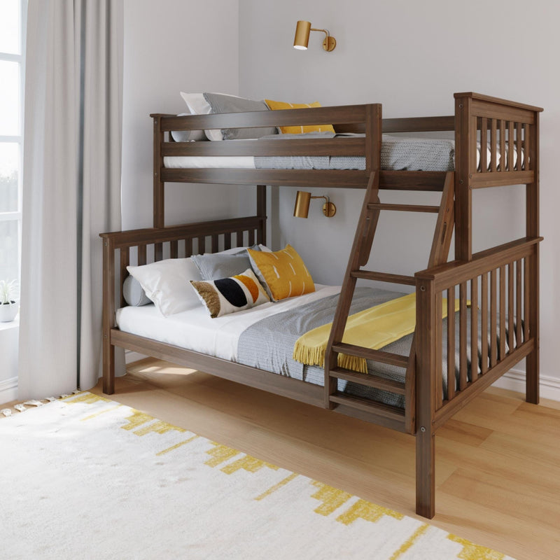 Solid wood bunk bed with ladder in a modern kids' bedroom, gray knit bedding, yellow accent pillows, brass wall sconces and natural light from a window