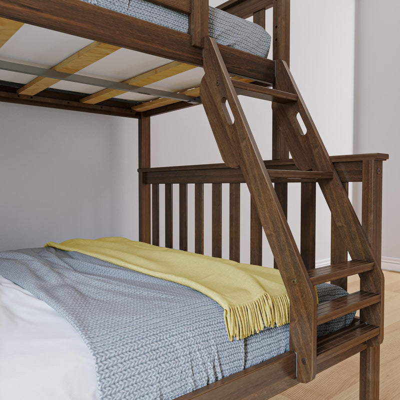 Solid wood loft bunk bed ladder and frame with gray knitted bedding and yellow throw, modern twin bunk bed interior