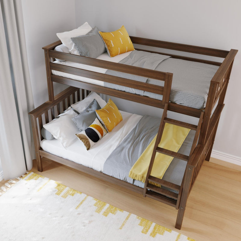 Modern wooden bunk bed with ladder, gray bedding and yellow accent pillows and throw in bright children's bedroom
