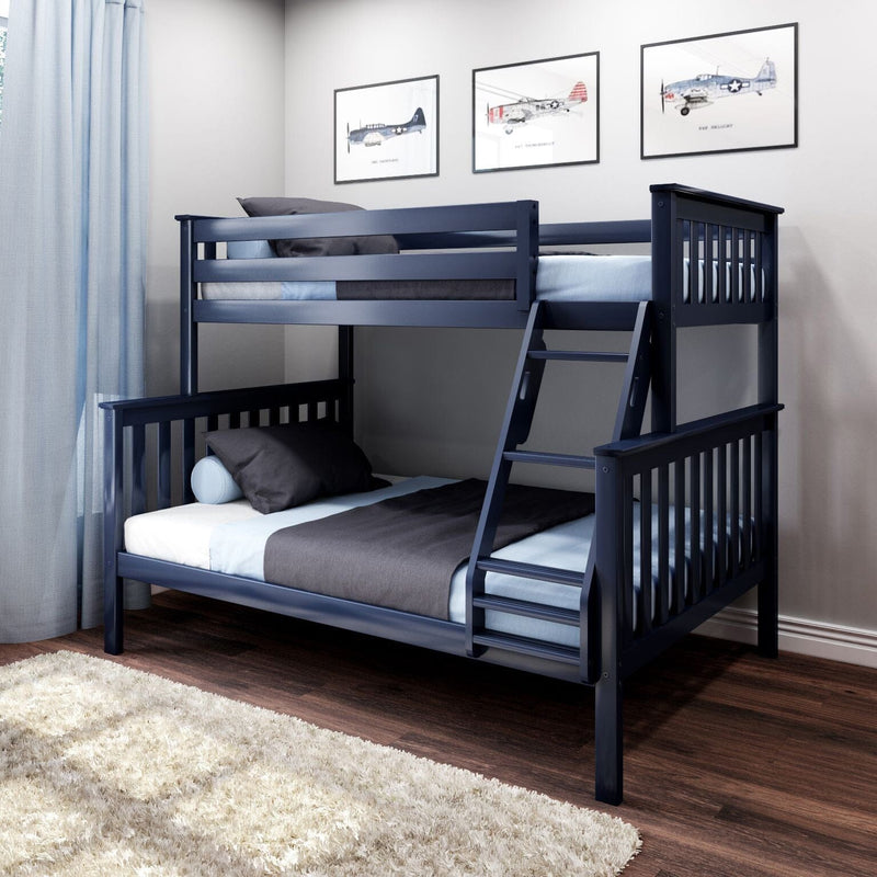 Navy blue wooden bunk bed with ladder in modern kids' bedroom, light blue bedding, airplane wall art and shag rug