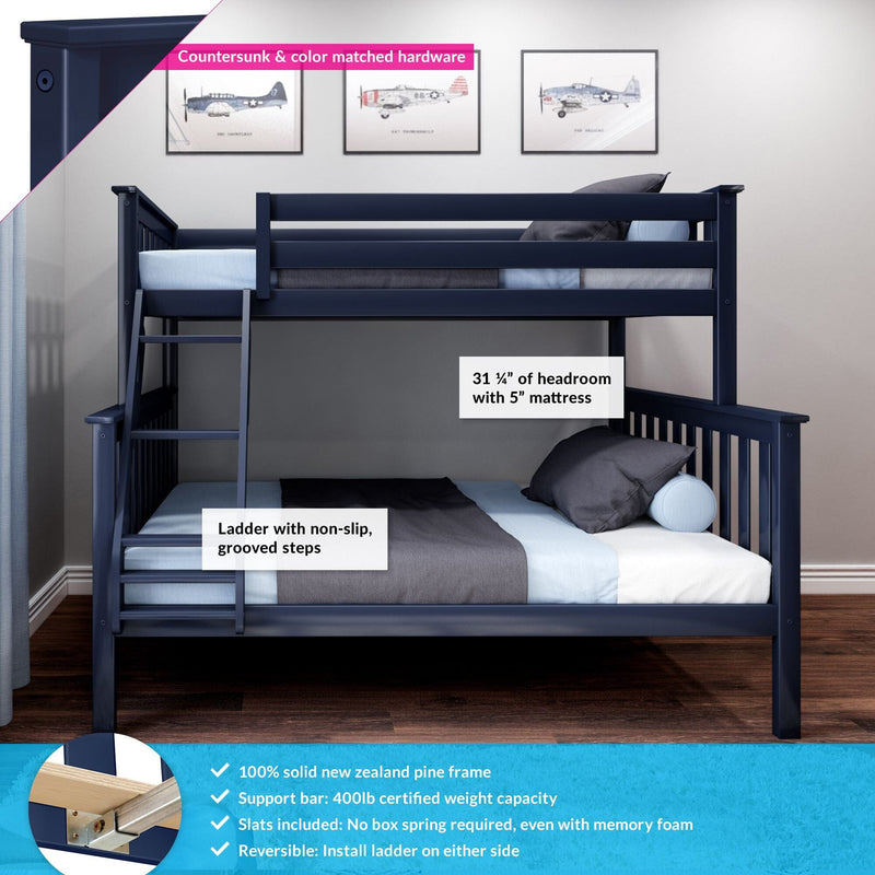 Navy blue twin-over-twin bunk bed with ladder, solid New Zealand pine frame, non-slip grooved steps, 31.25 in headroom with 5 in mattress