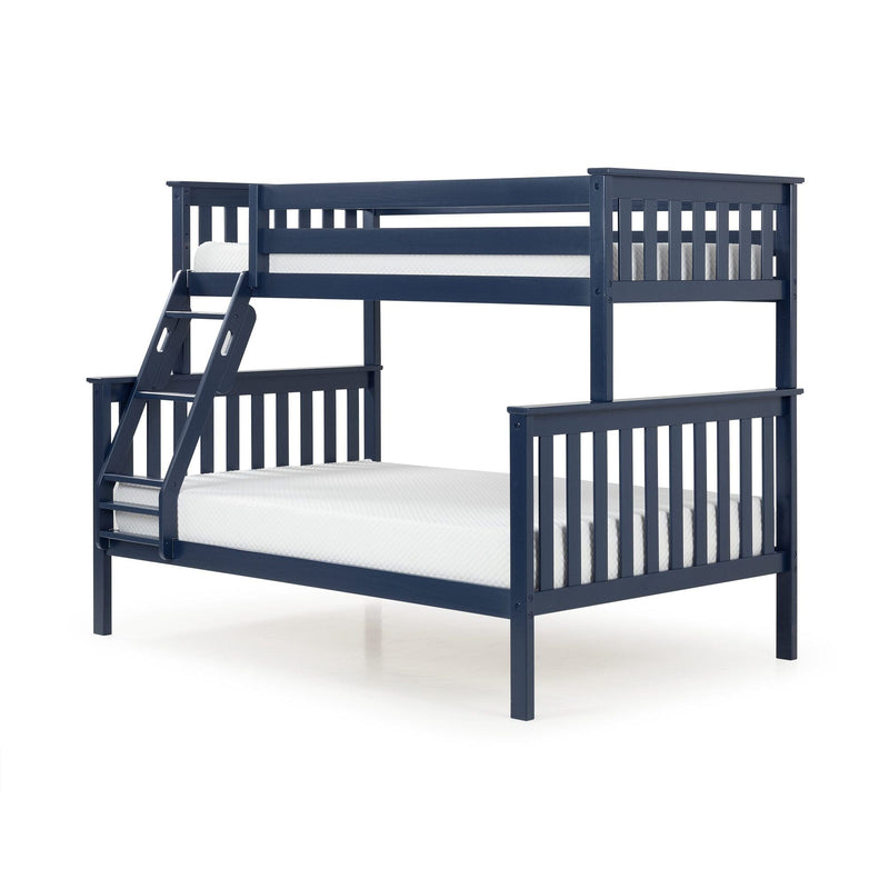 Navy blue wooden twin-over-full bunk bed with slatted guardrails and angled ladder for kids' bedroom, white background