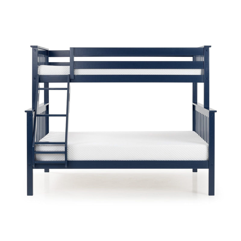 Navy blue wooden bunk bed with integrated ladder and white mattresses, modern space-saving kids' bedroom furniture on a white background