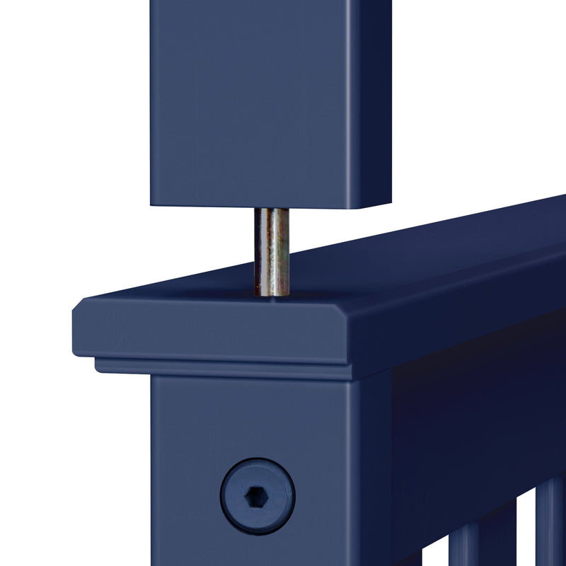 Close-up of blue powder-coated steel fence post and horizontal rail connection with exposed hex screw