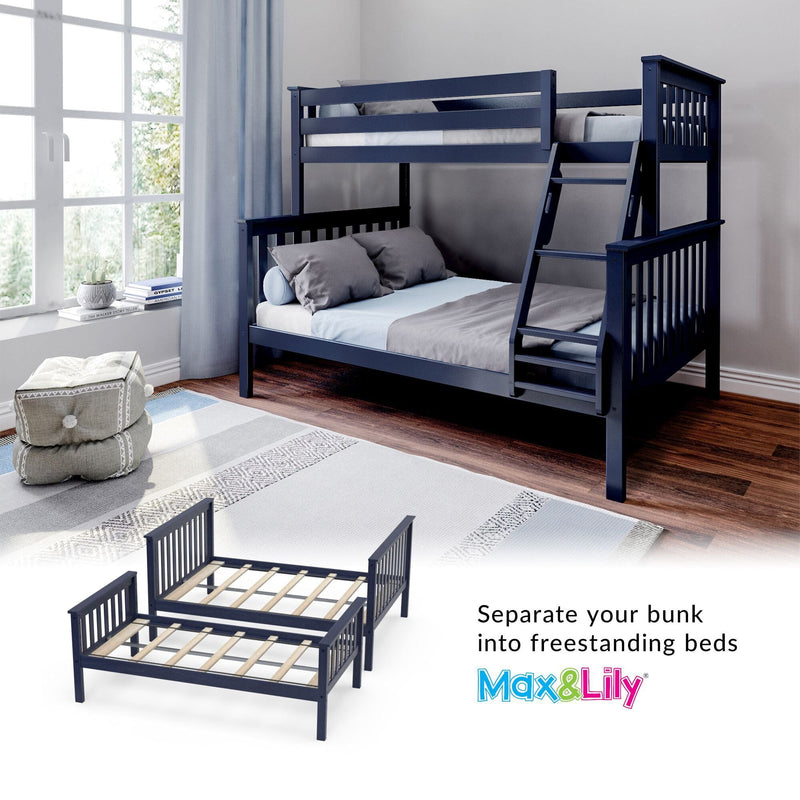 Navy blue convertible bunk bed with ladder and guardrails in a bright kids' bedroom, splits into two freestanding beds