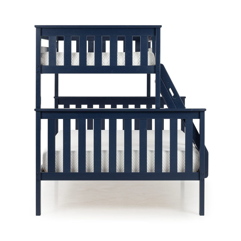 Navy blue wooden bunk bed with integrated ladder and white mattress, modern children's bedroom furniture