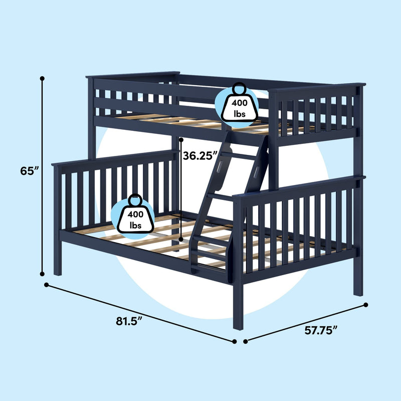 Navy blue twin-over-full loft bunk bed with ladder and slatted wood platform — 81.5″ L × 57.75″ W × 65″ H, 400 lb weight capacity per bed, ideal space-saving kids' bedroom