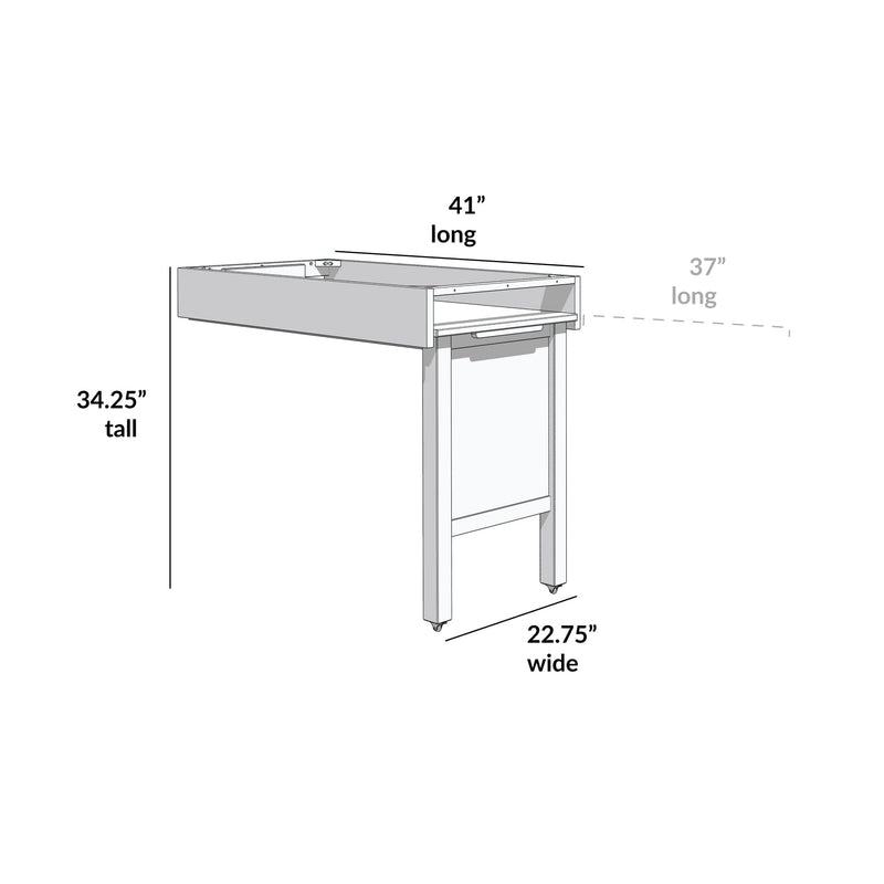 Kitchen island cart assembly diagram showing 41″ long x 22.75″ wide x 34.25″ tall mobile cabinet with drawer and caster wheels