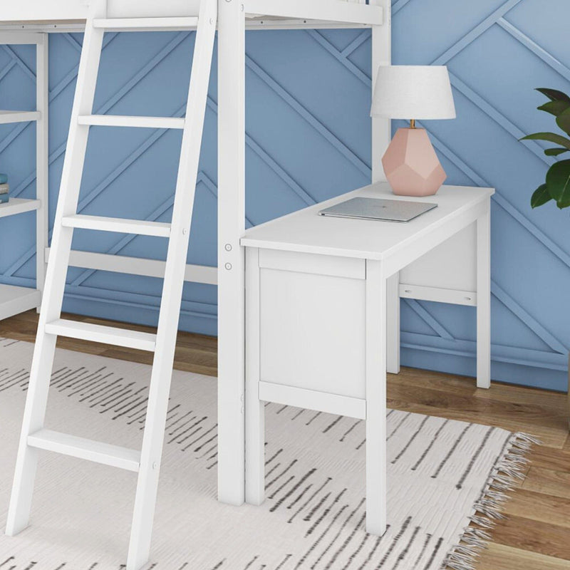 White loft bed with built-in desk and ladder against blue paneled accent wall, pink geometric lamp and closed laptop — modern space-saving kids’ bedroom setup
