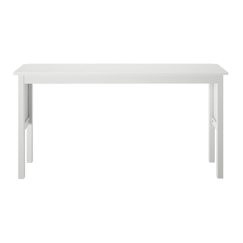 White rectangular wooden table top with straight legs, minimalist dining or console table isolated on white background