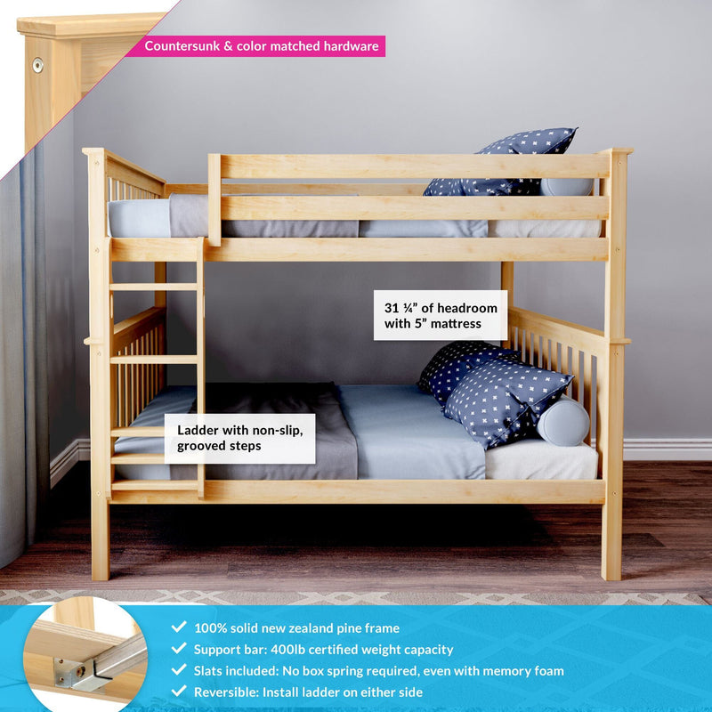 Solid natural pine twin-over-twin bunk bed with ladder and grooved non-slip steps, safety rails, and blue bedding