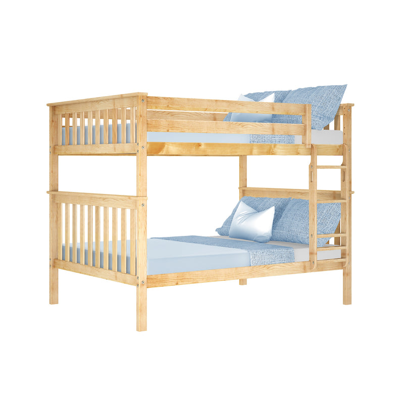 Solid natural wood twin-over-twin bunk bed with ladder and safety rails, styled with light blue bedding and pillows