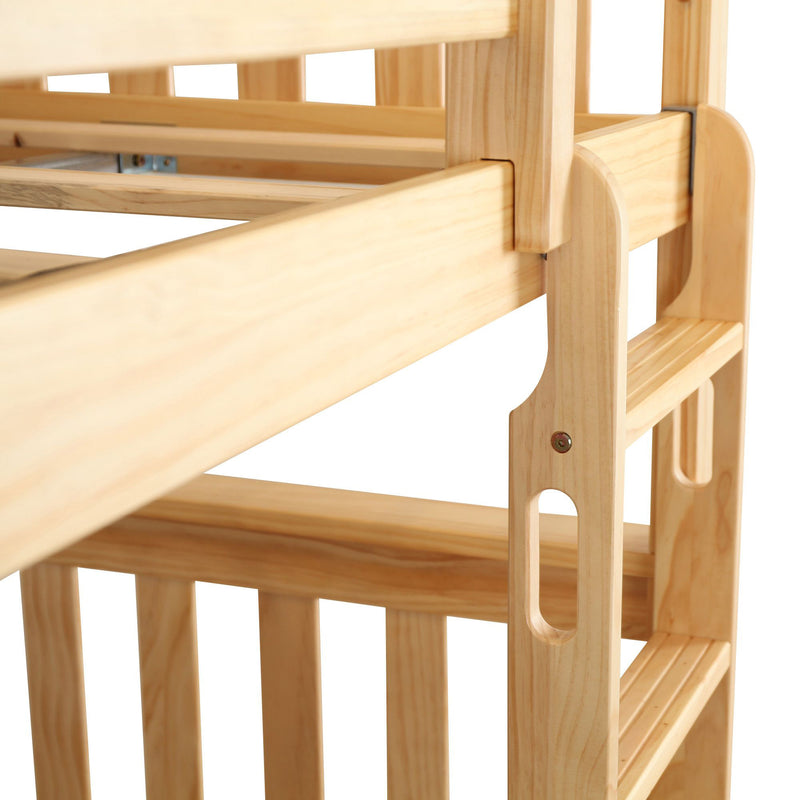 Close-up of natural pine bunk bed frame showing slats, ladder and guardrail in light wood finish, solid wood bedroom furniture