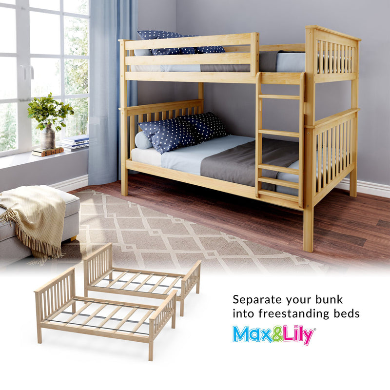 Convertible solid pine twin-over-full bunk bed with ladder and blue patterned pillows in modern kids bedroom by window, converts to two freestanding beds, Max & Lily
