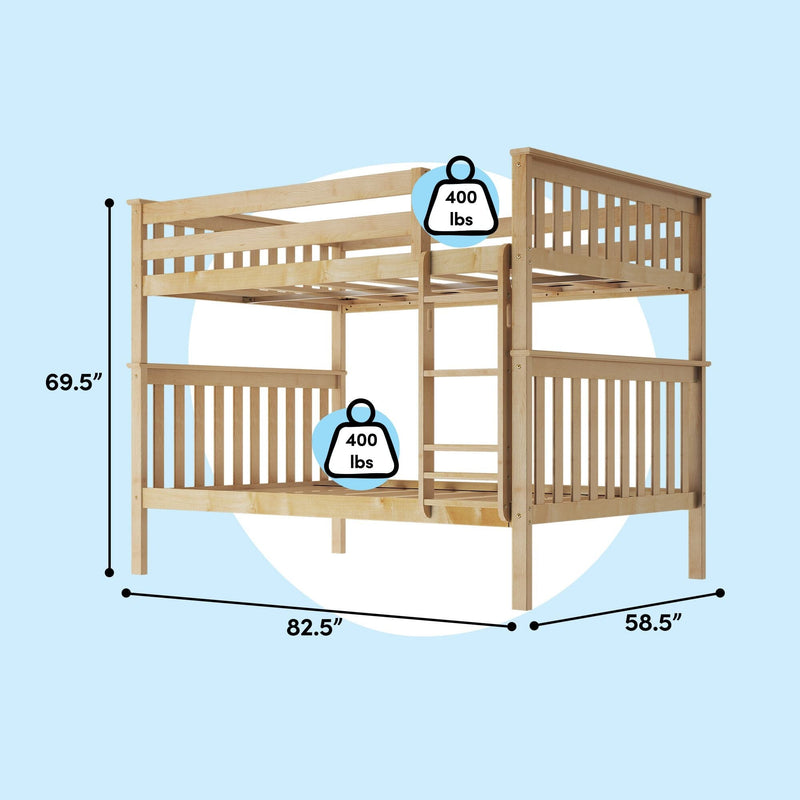 Natural wood bunk bed with ladder and safety rails, 82.5 in L x 58.5 in W x 69.5 in H, 400 lb weight capacity per bunk