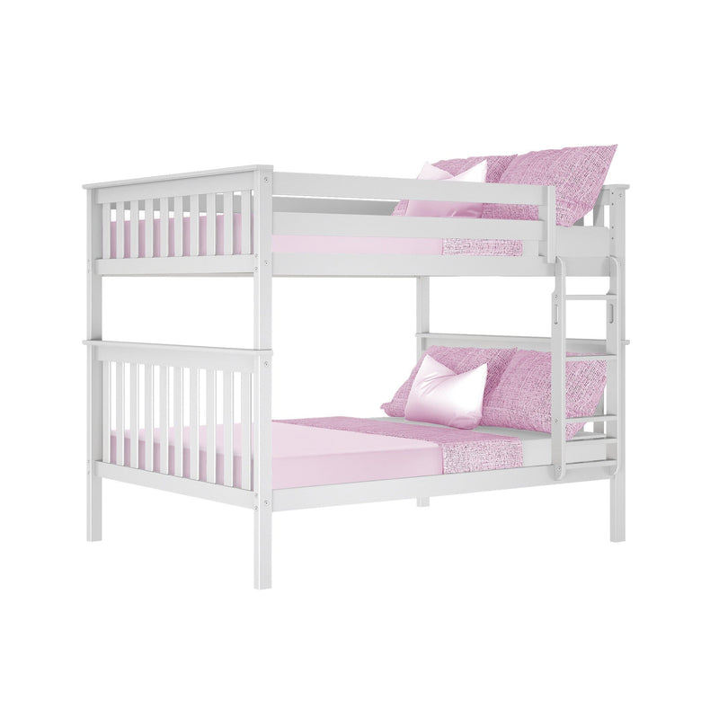 White wooden twin-over-twin bunk bed with pink bedding and ladder, modern kids' bedroom furniture