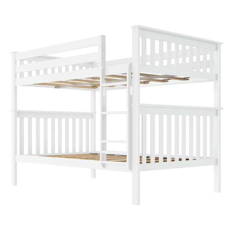 White wooden twin-over-twin bunk bed with slatted headboards, safety guardrails, ladder and exposed wooden slats — space-saving kids bedroom furniture
