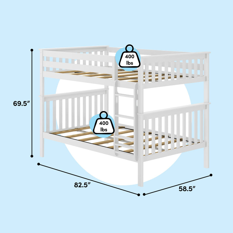 White wooden bunk bed (twin-over-full) with ladder and guardrails, 400 lb weight capacity, 82.5 x 58.5 x 69.5 inches