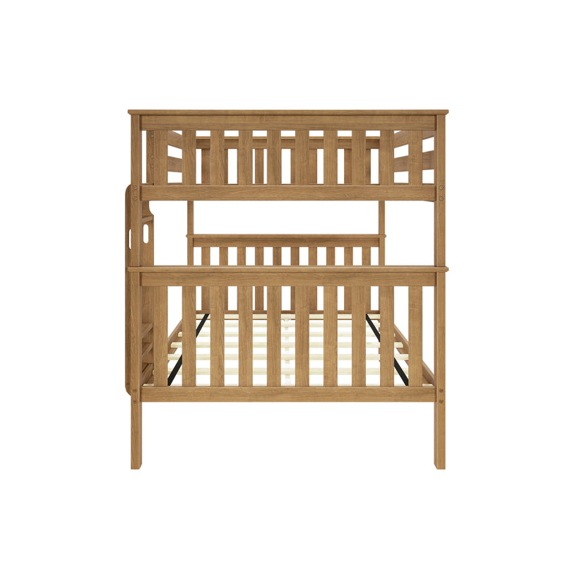 Solid oak twin-over-twin bunk bed frame with slatted guardrails, integrated ladder and wooden slat mattress support in a natural finish for kids' bedrooms