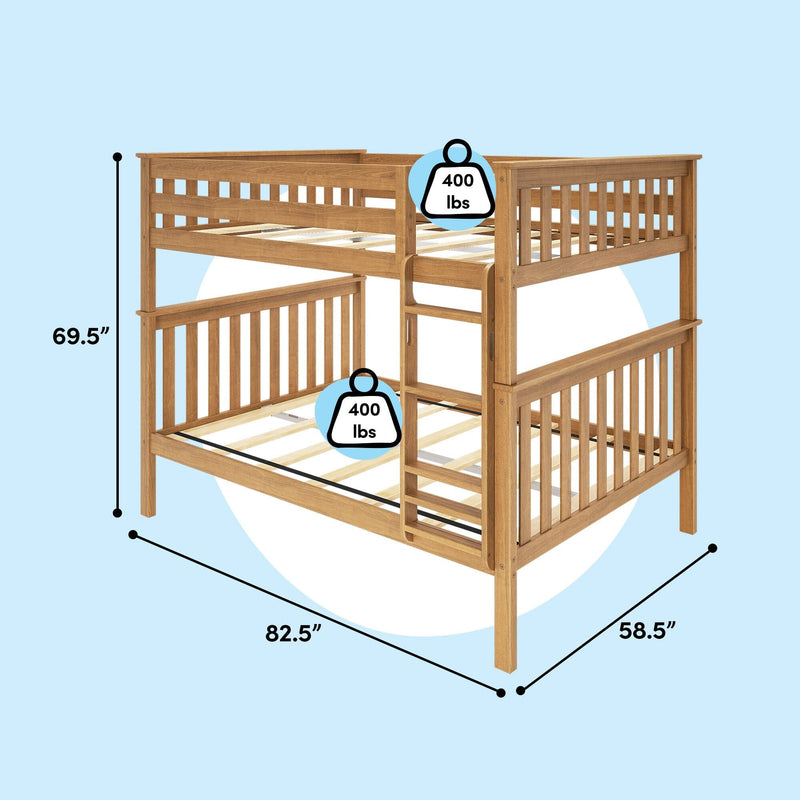 Solid oak twin-over-full bunk bed with ladder and slatted guardrails, 82.5 in L x 58.5 in W x 69.5 in H, 400 lb capacity each