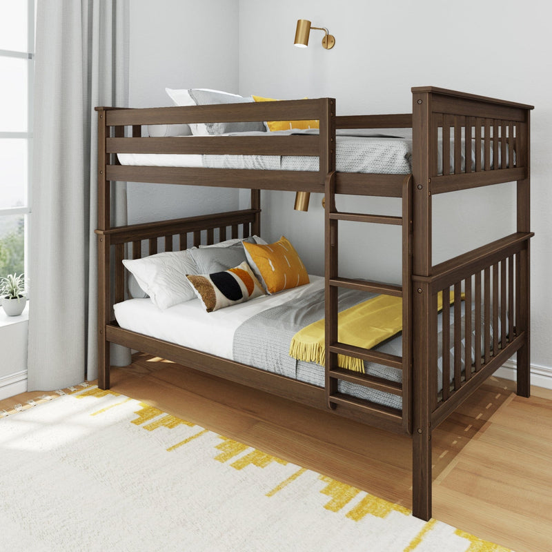 Dark walnut wooden two-tier bunk bed with ladder, gray knit bedding and yellow accent pillows in a bright modern kids' bedroom