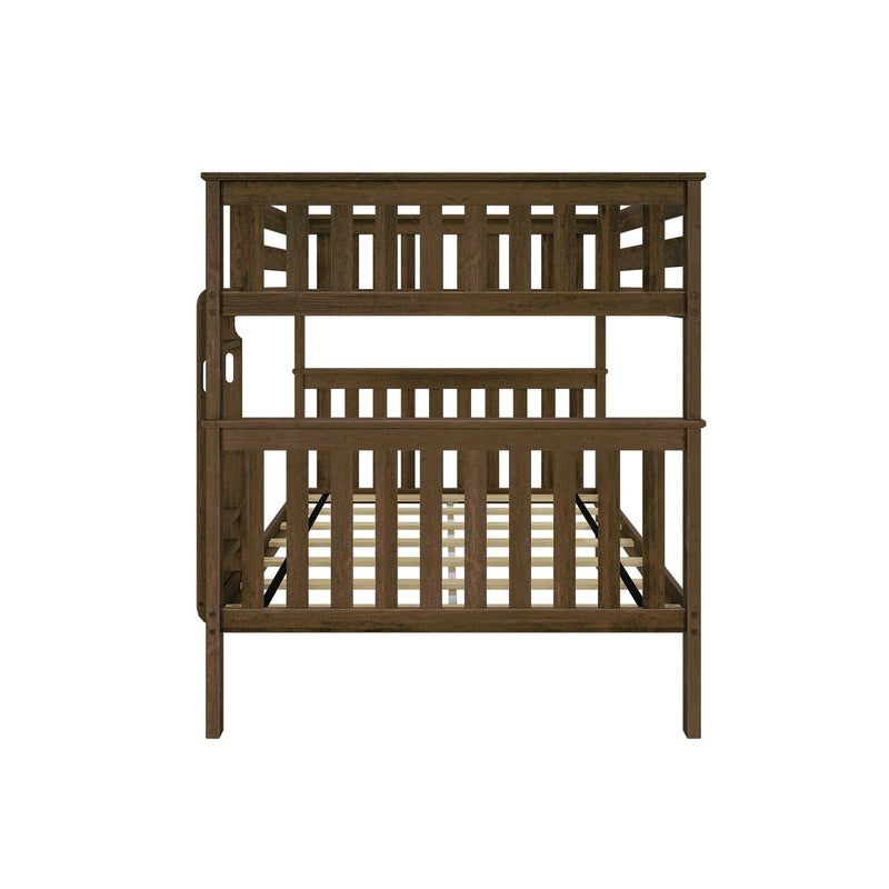 Dark brown wooden twin-over-full bunk bed frame with slatted headboards and footboards, ladder-style side rails and visible slat mattress supports, rustic finish