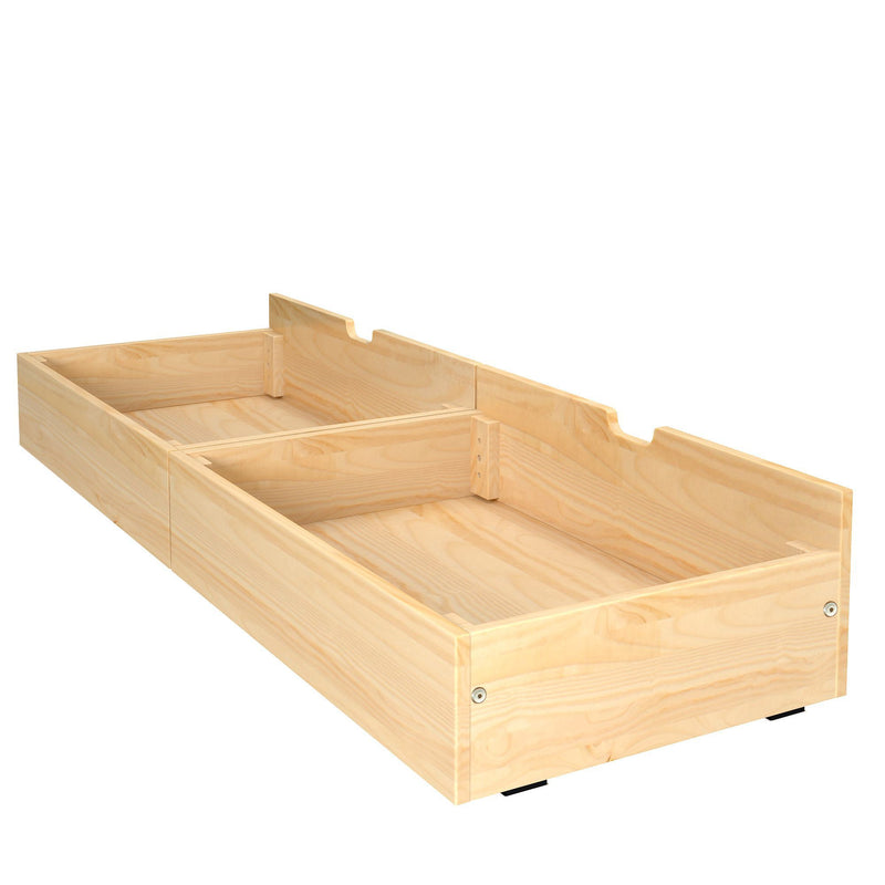 Underbed slide-out storage drawer in light natural wood with internal dividers and metal hardware — unfinished wooden bedroom organizer