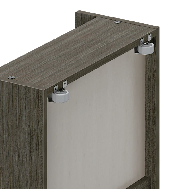 Close-up of gray wood grain cabinet panel with sliding barn-door roller hardware and metal mounting brackets
