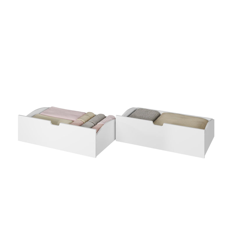 White wooden under-bed storage drawers filled with neatly rolled pastel and neutral blankets and towels for bedroom linen organization