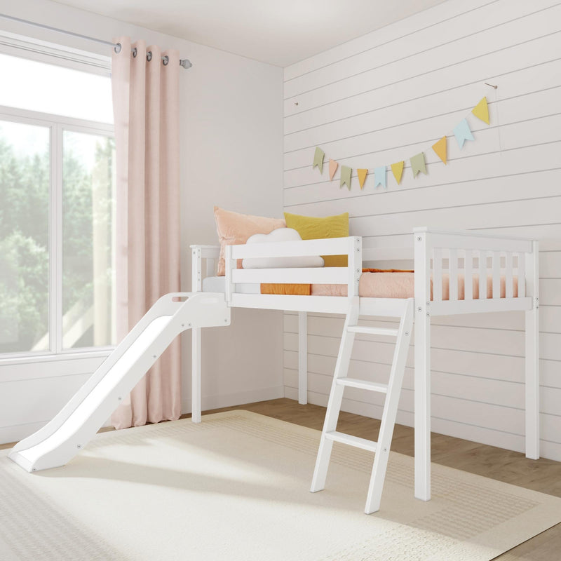 White kids loft bed with slide in bright children's bedroom, neutral shiplap walls, pastel pillows, pink curtains and colorful bunting decor