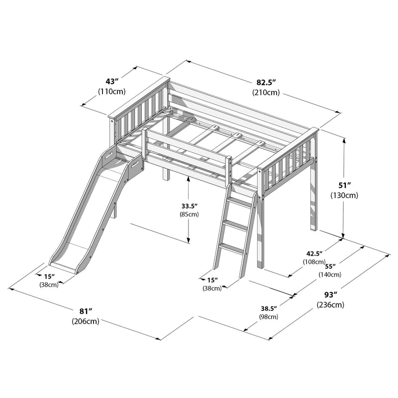 Children's wooden loft bed with slide and ladder assembly diagram showing dimensions 82.5" (210cm) length, 93" (236cm) width, 51" (130cm) height