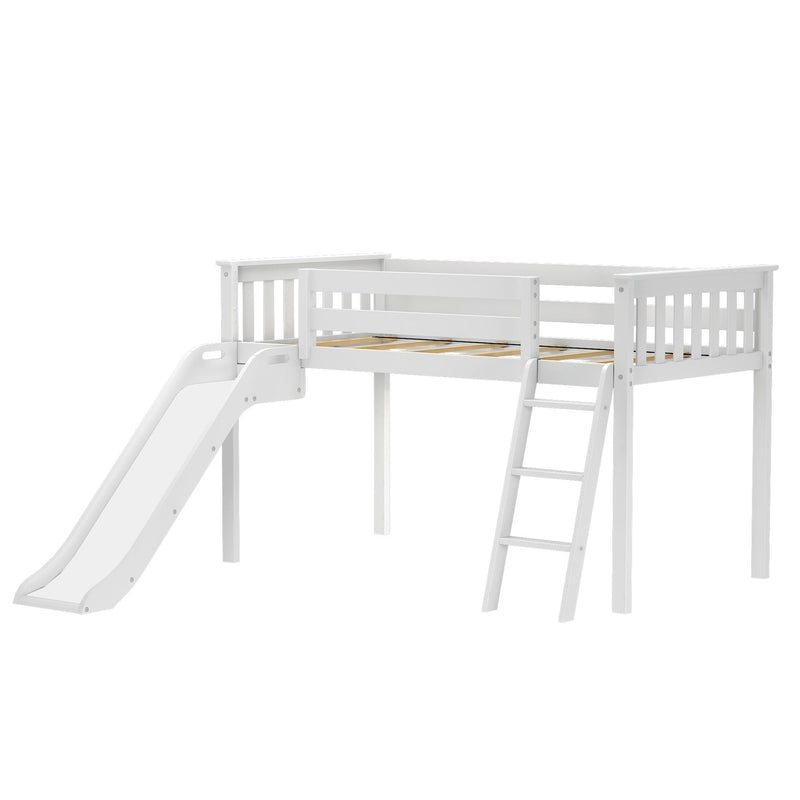 White kids loft bed with slide and ladder, raised platform with safety rails and wooden slats, modern children's play bed