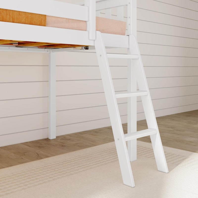 White wooden loft bed and ladder with beige mattress and exposed wood slats against white shiplap wall on hardwood floor — modern farmhouse kids loft/bunk bed