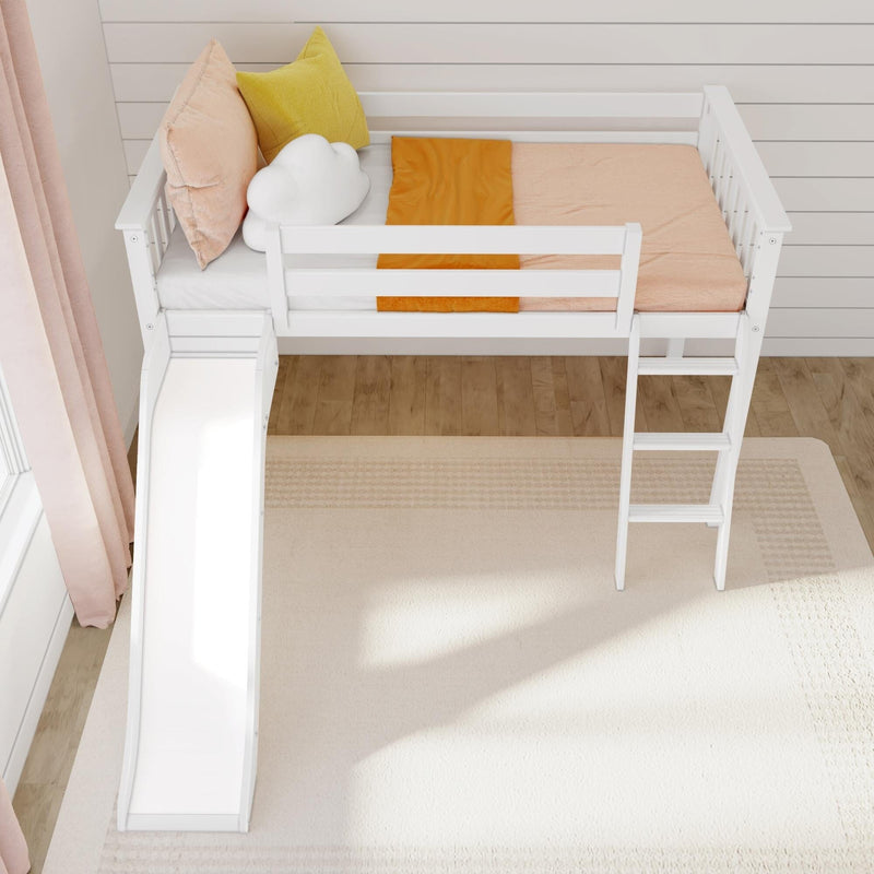 White wooden kids' loft bed with slide and ladder, pink and mustard pillows, cloud cushion and orange blanket in bright Scandinavian-style nursery