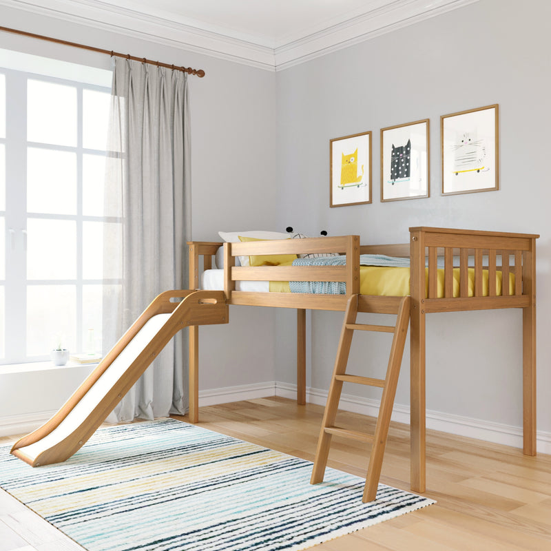 Sunlit kids loft bed with slide and ladder, natural wood frame, yellow bedding, striped rug, sheer curtains and framed cat prints
