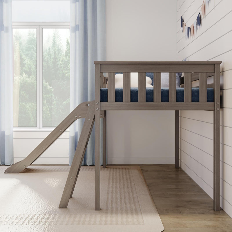 Natural light nursery with wooden space-saving loft bed and slide, blue curtains and shiplap wall