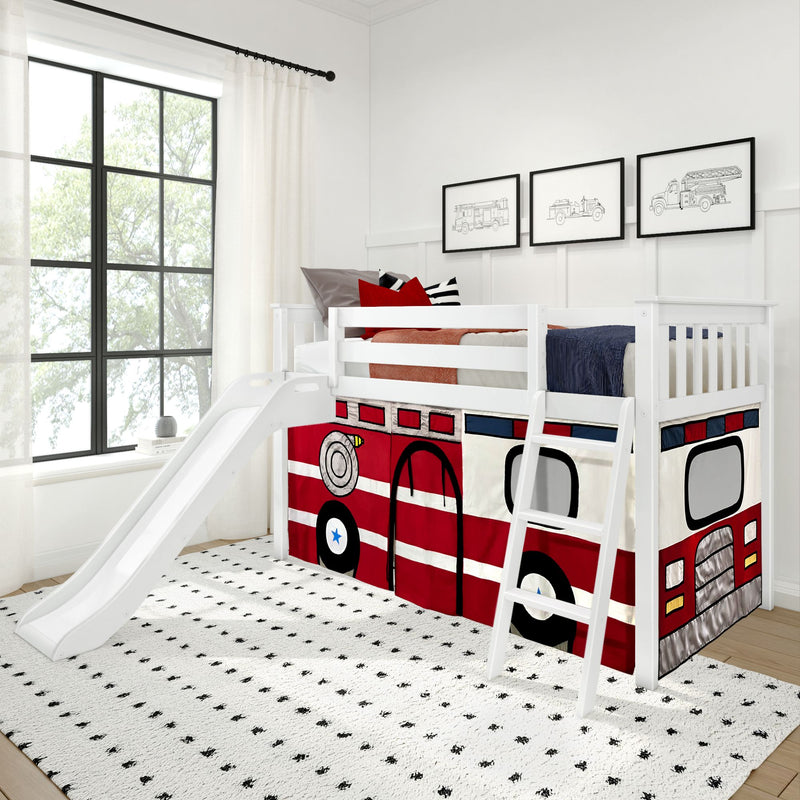 Kids loft bed with slide and fire-truck play tent panels, white bunk bed, red accents, black-framed truck prints, large grid window