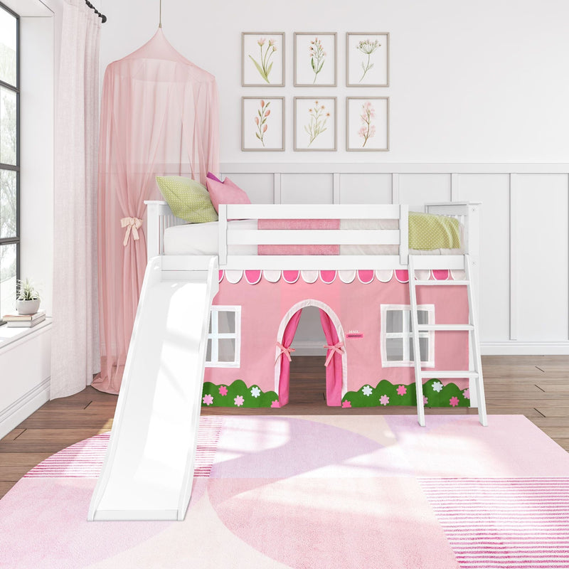 White loft bed with slide over pink playhouse tent, canopy, botanical wall art and pink rug in girls' bedroom