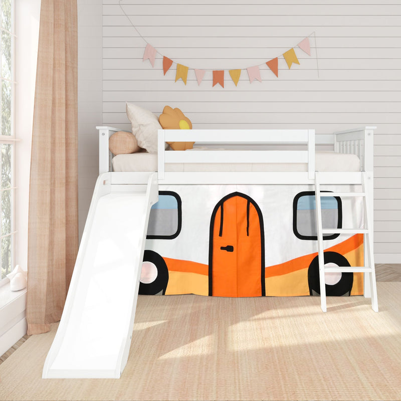 Twin Low Loft Bed with Slide & Camper Van Curtain