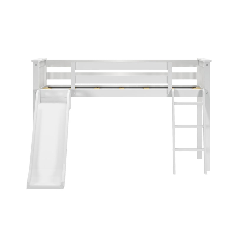 White wooden loft bed with integrated slide and ladder, safety rails for kids, space-saving modern bunk bed for small bedrooms