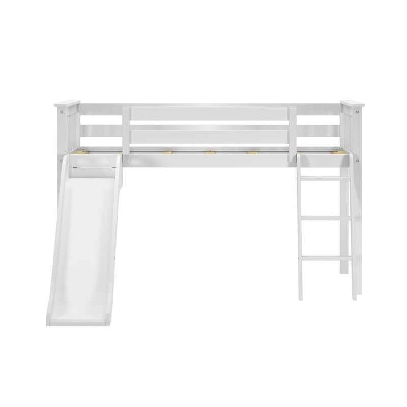 White wooden loft bed with slide and ladder, twin-size raised bunk bed frame with safety rails for kids' bedroom