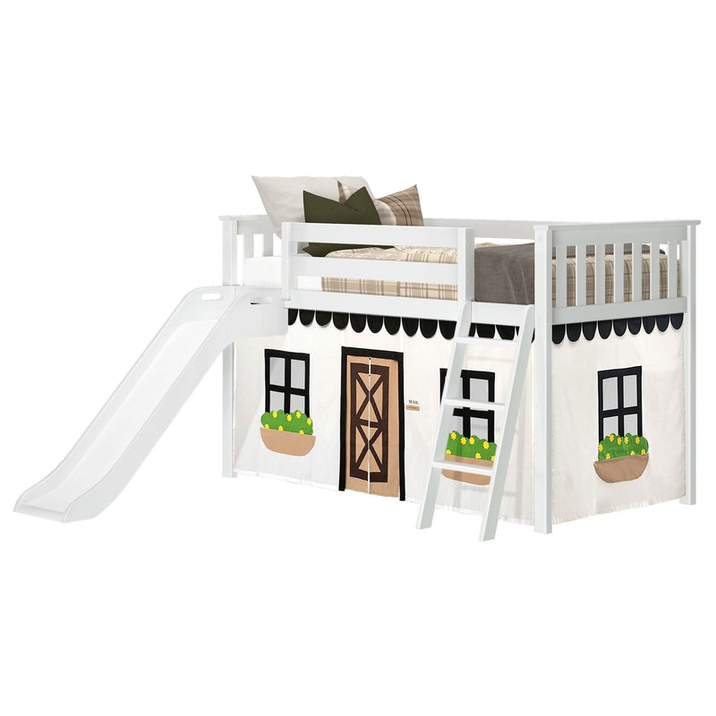 White wooden kids loft bed with slide and ladder, farmhouse playhouse curtain panels, twin mattress and pillows