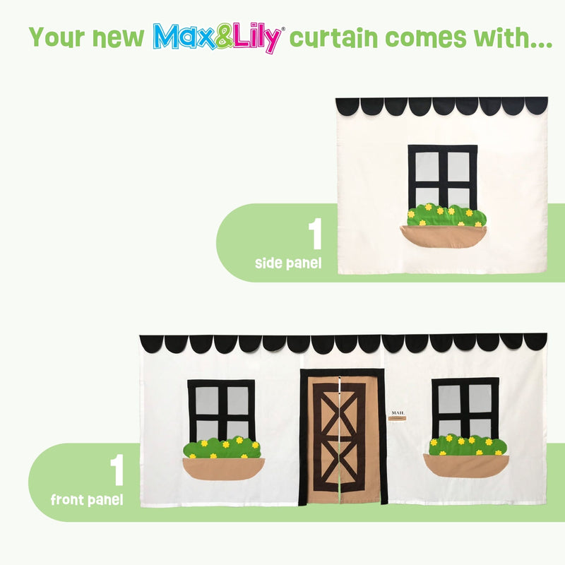 Max & Lily children's playhouse curtain set with front and side panels featuring a white house design, black scalloped valance, windows, door and flower boxes