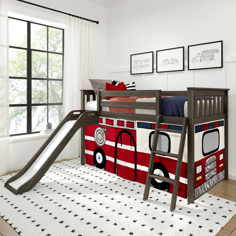 Kids loft bed with slide and fire truck play tent, dark wood bunk with ladder, red and navy bedding, framed fire truck prints, large grid window