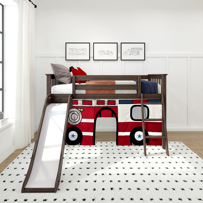 Kids loft bed with slide and ladder featuring a red fire truck playhouse panel, dark wood frame, white nursery with patterned rug and framed vehicle prints